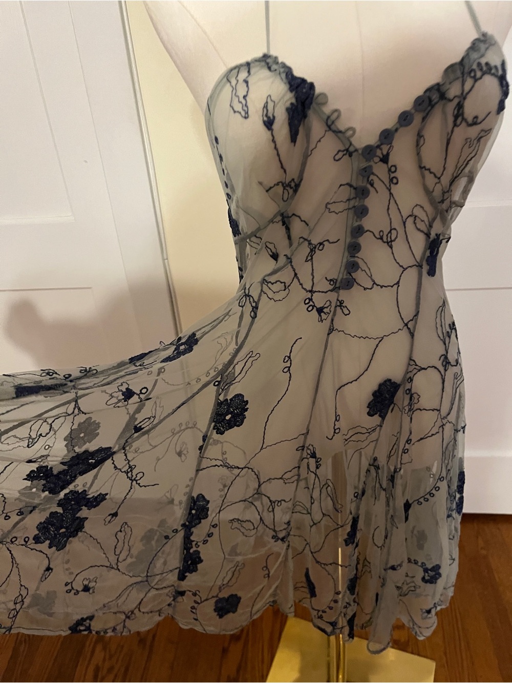 GHOST London Sheer Floral Halter Dress – Embroidered Mesh & Button Front